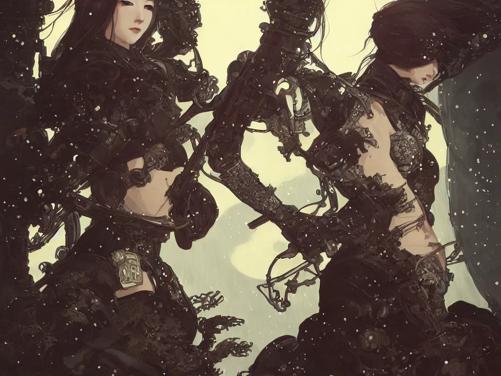 Image similar to portrait ninja gaiden girl, armored dieselpunk wardrobe, at snowy fuji mountain moonlight, ssci - fi and fantasy, intricate and very beautiful and elegant, highly detailed, digital painting, artstation, concept art, smooth and sharp focus, illustration, ( ( art by tian zi and wlop and alphonse mucha ) )