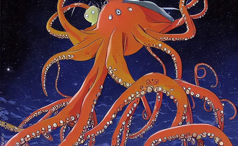 Image similar to a realistic cell - shaded studio ghibli concept art from paprika ( 2 0 0 6 ) of a flying multi - colored octopus from close encounters of the third kind ( 1 9 7 7 ) and dimensional portal to another world above a flooded pyramid complex on a misty starry night. very dull colors, wide shot, hd, 4 k, hq