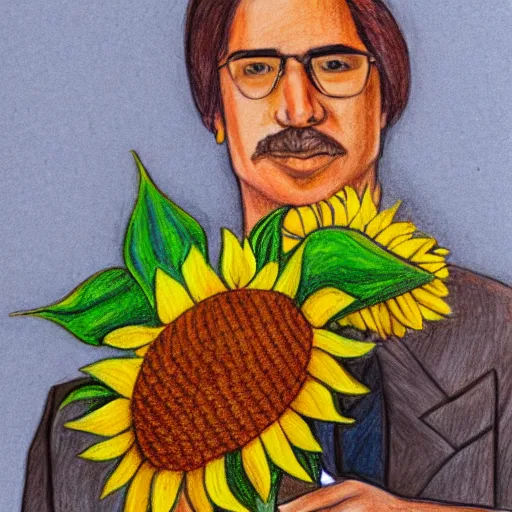 Image similar to long shot portrait, man with a sunflower instead of a head wearing a business suit, color pencil sketch