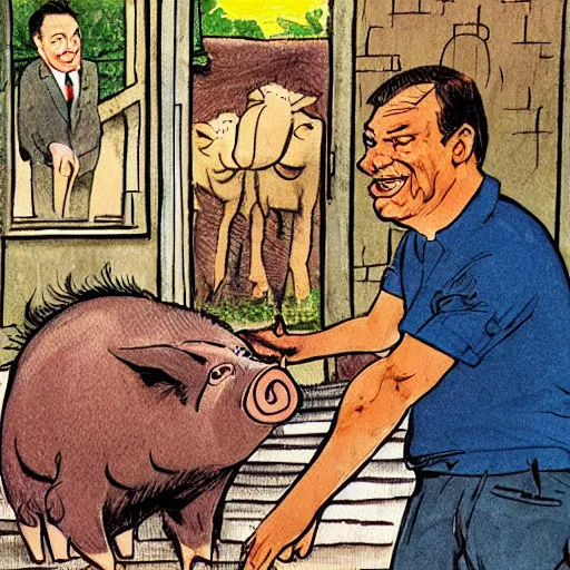 Image similar to pig slaughter with hungarian prime minister viktor orban, highly detailed children book illustration from 1 9 7 0