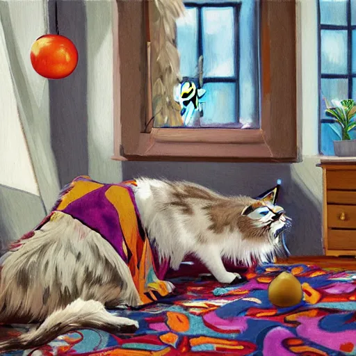 Image similar to cream color maine coon cat chasing a cat-toy-ball in a sunlit bedroom, hardwood floors with a colorful tattered old throw rug, bay window sofa in the background, fun, energetic, amusing, cute, funny, in style of Steve Henderson and Robert Hagan, trending on art station