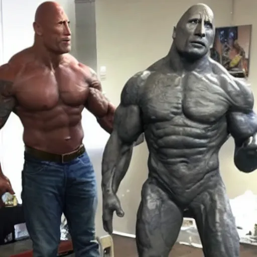 Prompt: Photo of Dwayne Johnson sculpting an statue of Dwayne Johnson made of rock