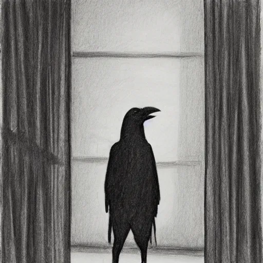 Image similar to a crow wearing a bathrobe in a hotel room, graphite drawing, 1998