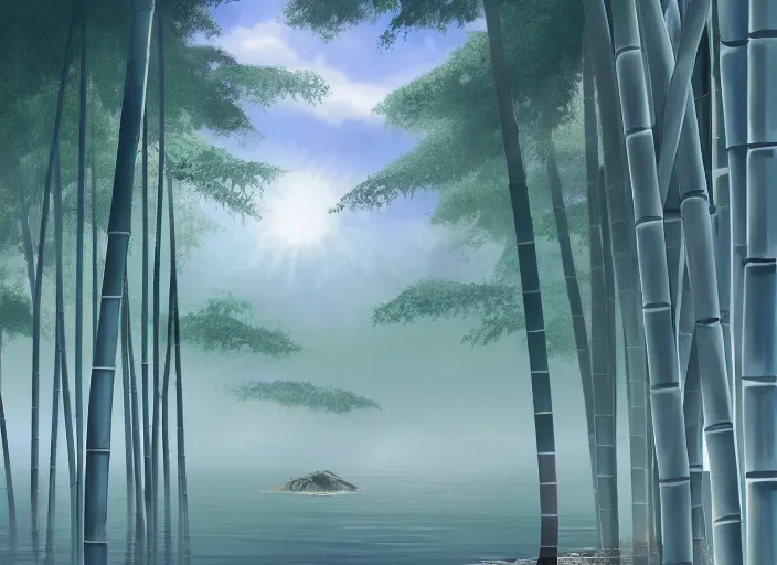 Image similar to misty japanese bamboo forest, cell shades, lake, waterfall!!!!!, large rocky mountain, rule of thirds, sunny, cartoony, stylized anime, sun rays, soft, by hayao miyazaki, ghibli studio, makoto shinkai, toei animation, studio trigger, trending on artstation, 4 k, hd