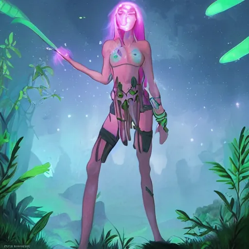 Image similar to a battle - scarred adventurer, she is surrounded by bioluminescence in a glowing alien jungle, fantasy