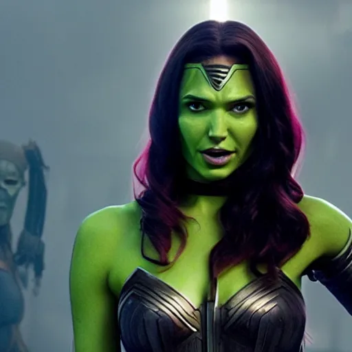 Image similar to Film still of Gal Gadot as Gamora, from Guardians of the Galaxy Vol. 2 (2017)