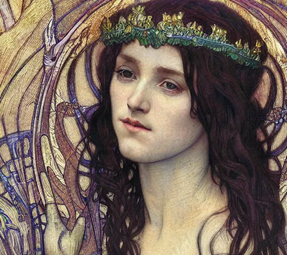 Image similar to detailed realistic beautiful young medieval queen face portrait by jean delville, alphonse mucha, vincent van gogh, and marco mazzoni, art nouveau, symbolist, visionary, gothic, pre - raphaelite