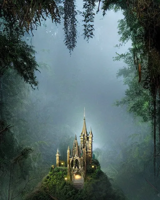 Image similar to photo of a beautiful heavenly castle built with sticks and stones in the deep jungle, misty godrays