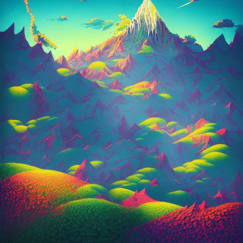 Prompt: kinabalu peak, summer morning, very coherent and colorful high contrast, art by! gediminas pranckevicius! geof darrow,!!! pastel color!!!, volumetric lighting, cinematic, floralpunk screen printing woodblock, dark shadows, hard lighting, stippling art