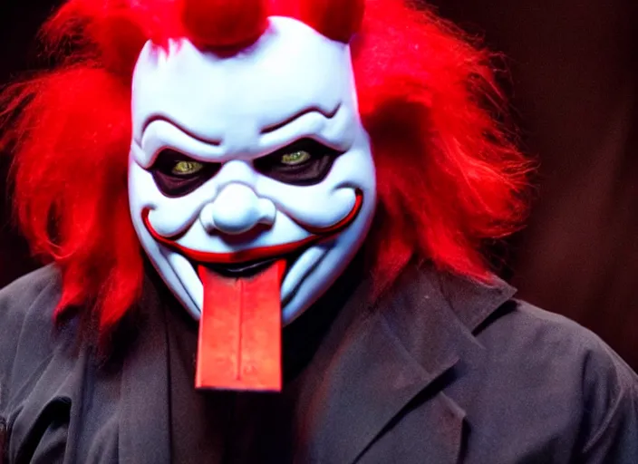 Image similar to publicity photo still of ronald mcdonald wearing a slipknot mask touring with slipknot live on stage, 8 k, live concert lighting, mid shot