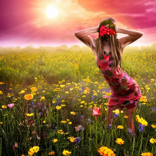 Prompt: full body snake head girl standing in a flower field, her head is hidden behind many snakes, surreal photography, sunrise, dramatic light
