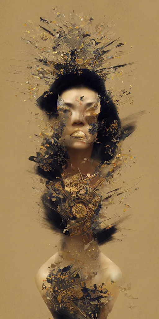 Image similar to portrait of a futuristic geisha, kintsugi, fractal, intricate, elegant, highly detailed, digital photography, subsurface scattering, by jheronimus bosch and greg rutkowski,