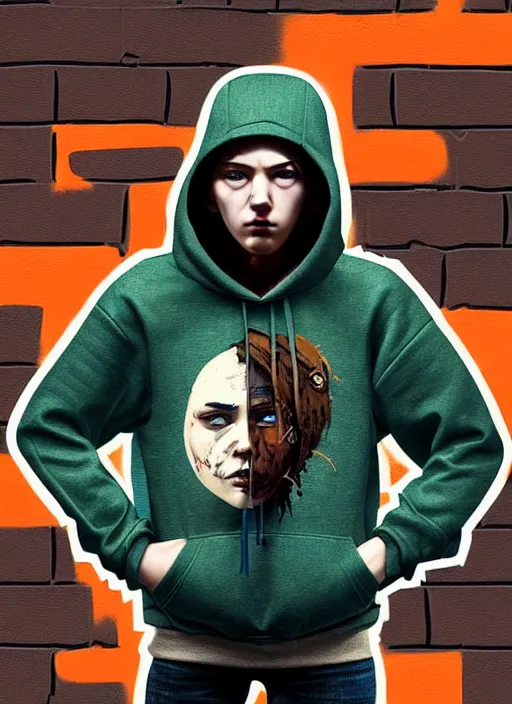 Image similar to highly detailed portrait of a sewer style seattle student, tartan hoody, by atey ghailan, by greg rutkowski, by greg tocchini, by james gilleard, by joe fenton, by kaethe butcher, gradient green, brown, blonde crea, orange, brown and white color scheme, grunge aesthetic!!! ( ( graffiti tag wall background ) )