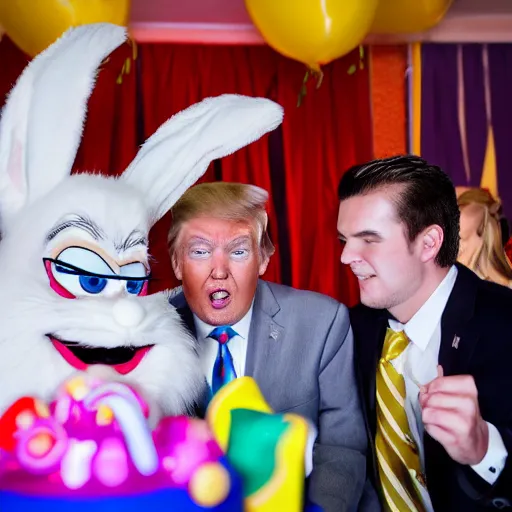 Image similar to professional photography Donald Trump cosplay as Bugs Bunny spying on children at a birthday party, high quality, good lighting, masterpiece, beautiful beautiful beautiful beautiful beautiful