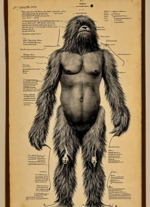 Image similar to vintage medical anatomical illustration of sasquatch, highly detailed, labels, intricate writing