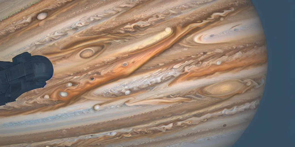 Image similar to close up photo of a spaceship flying on Jupiter atmosphere, unreal 5, ray tracing, foggy, gas