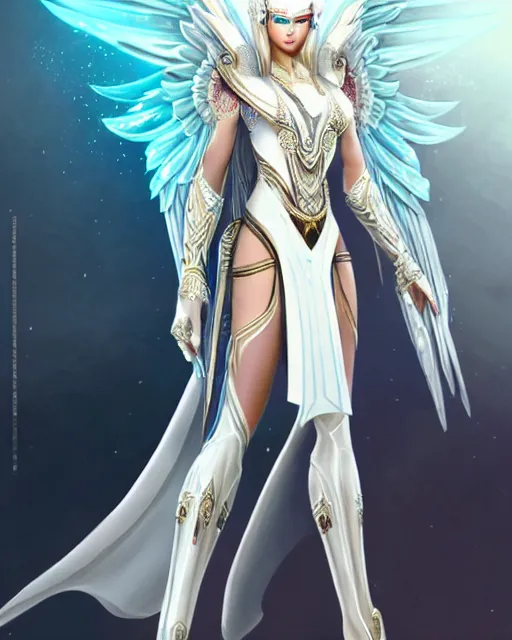 Image similar to perfect white haired egyptian goddess wearing white dove wings, warframe armor, regal, attractive, ornate, sultry, beautiful, dreamy, half asian, pretty face, blue eyes, detailed, scifi platform, 4 k, ultra realistic, epic lighting, android body, illuminated, cinematic, masterpiece, art by akihito tsukushi, voidstar, artgerm