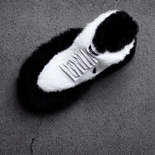 Image similar to nike shoe made of very fluffy black faux fur placed on reflective surface, professional advertising, overhead lighting, heavy detail, realistic by nate vanhook, mark miner