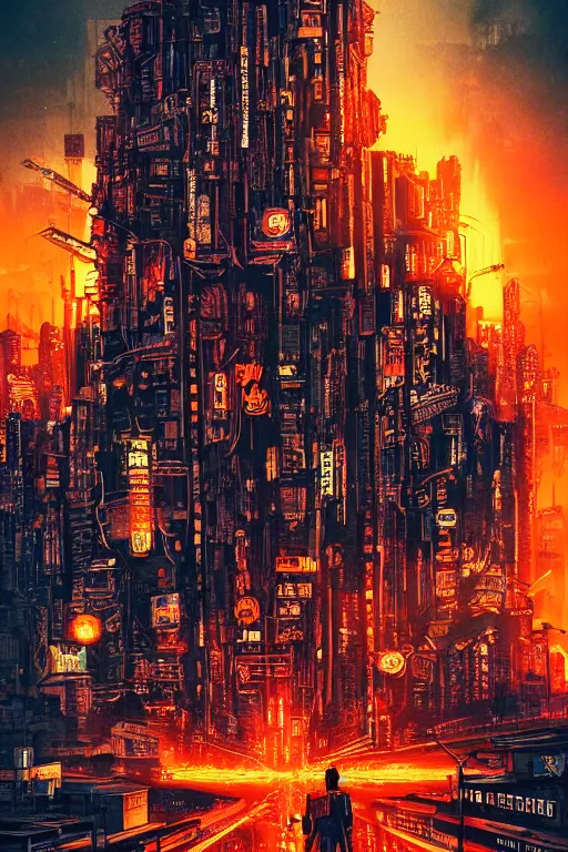 Prompt: movie poster for randypunk, intricate cyberpunk city, orange overlooking city, street gang, dramatic lighting, epic composition, bladerunner, tatsuki fujimoto