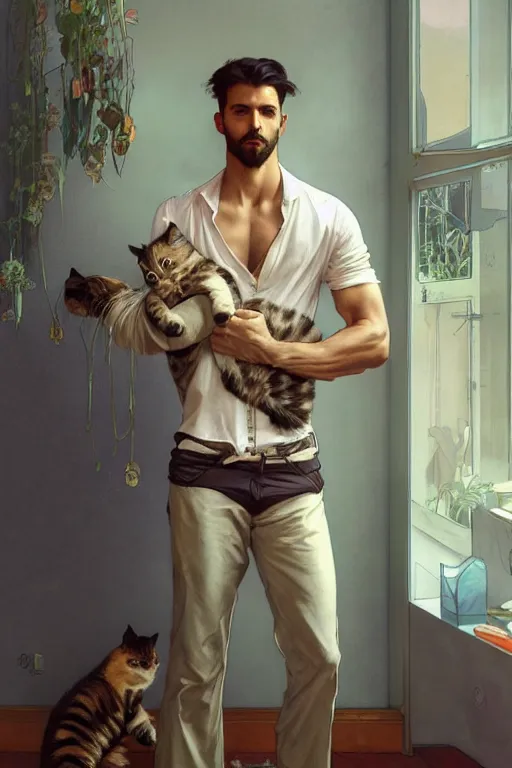 Image similar to full body portrait of a single beautiful young fit man, modern haircut, open shirt, large pants, holding a kitty in his arms, by greg rutkowski and alphonse mucha, d & d character, in front of a modern room background, highly detailed portrait, digital painting, artstation, concept art, smooth, sharp focus ilustration, artstation hq