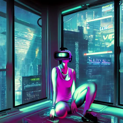 Prompt: matte painting of a woman in vr headset sitting in cyberpunk room behind the window, neon glow, by masamune shirow