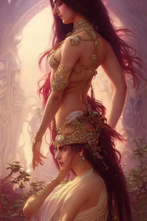 Image similar to katrina kaif as a princess, fantasy, intricate, elegant, highly detailed, digital painting, artstation, concept art, matte, sharp focus, illustration, art by artgerm and greg rutkowski and alphonse mucha