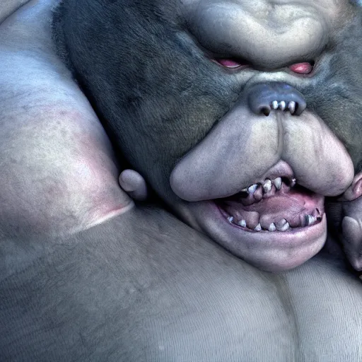 Image similar to cinematography picture of very fat monster with human skin, holding a bear while eating a human, unreal engine 5, ps5, ultra realistic, hyperrealistic, artstation