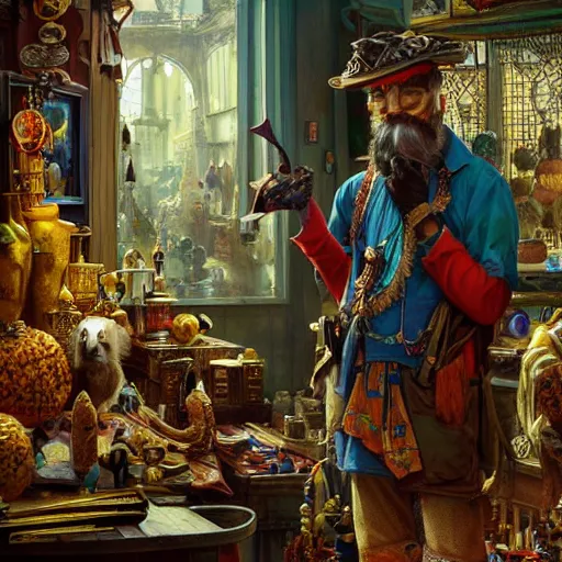 Image similar to A Anthropomorphized parrot trader in his shop, selling his wares, items, gold, carpet, window, D&D, fantasy, intricate, cinematic lighting, highly detailed, digital painting, artstation, concept art, smooth, sharp focus, illustration, art by Akihiko Yoshida, Greg Rutkowski and Alphonse Mucha