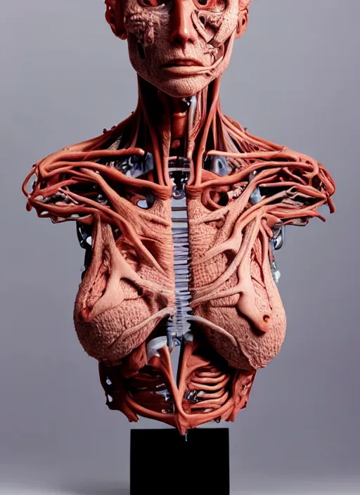 Image similar to a bust sculpture of anatomical female detailed cyborg, veins, become human, ceramic base, orthographic, studio lighting