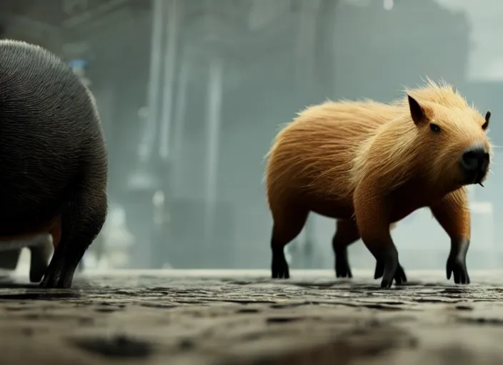 Image similar to venom fused with a capybara, ultra realistic 4 k unreal engine very cinematic render with ray tracing bloom ambient occlusion strong reflections depth of field fog