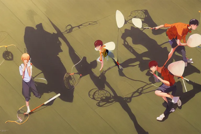 Prompt: frogs playing badminton, expert high detail concept art character design, perfect proportions defined faces, vivid colors, photorealistic shaded lighting poster ilya kuvshinov, katsuhiro, makoto shinkai, wlop, loish and clamp style, trending on art station, best selling artist