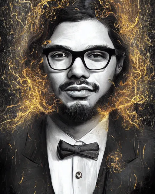 Prompt: a highly detailed portrait of carlos valdes radiating a powerful energy aura, ornate black tuxedo, clean - shaven!!!!!!!!!!!!!!, wispy tendrils of smoke, intricate, digital painting, old english, raining, sepia, particles floating, whimsical background by marc simonetti, artwork by liam wong