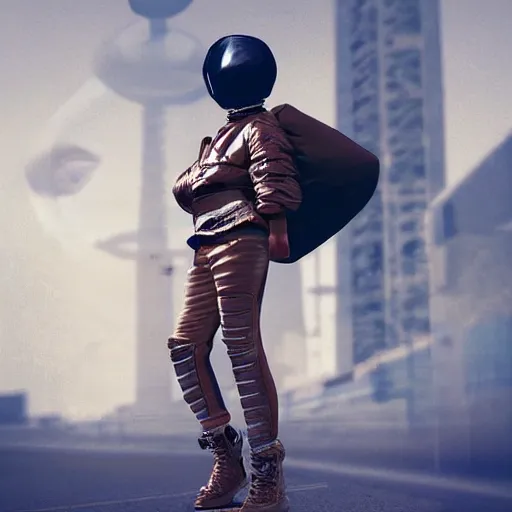 Image similar to a fashion model in astronaut helmet, creative, brown skin, digital art, photo manipulation, artstation, standing, cyberpunk, giant, street, duck shoes, up there, photoshop, people