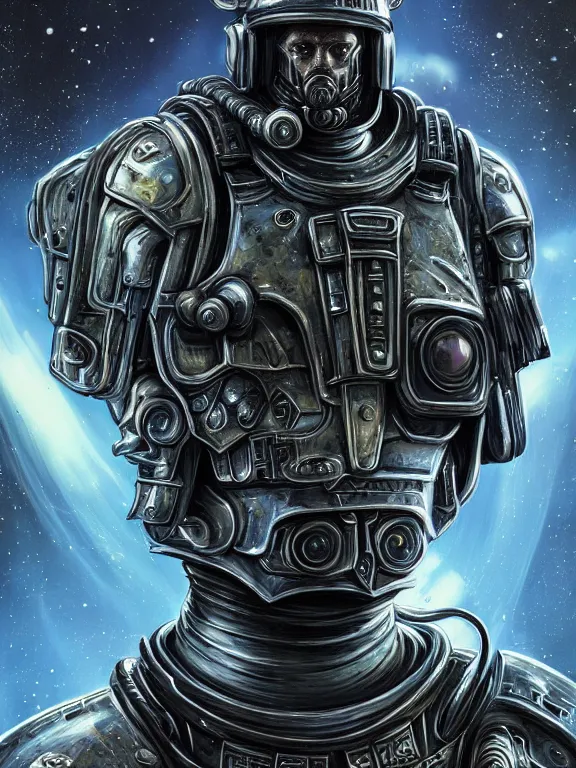 Prompt: portrait art of 8k ultra realistic retro futuristic space marine , galaxy reflected helmet , detailed intricate ornate armour,eldritch horror,blade runner, cybernetic, full of colour, cinematic lighting, battered, trending on artstation, 4k, hyperrealistic, focused, extreme details,unreal engine 5, cinematic, masterpiece, art by ayami kojima, giger