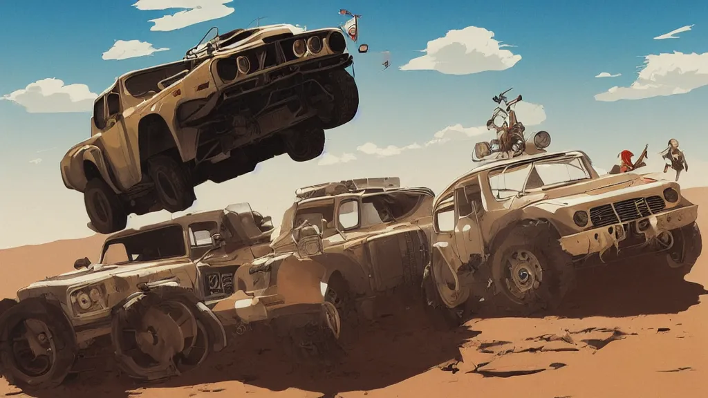 Image similar to digital illustration of mad max's fj 4 0 pursuit special, the last v 8 interceptor driving down a deserted dessert highway in the middle of the day by studio ghibli, anime style, by makoto shinkai, ilya kuvshinov, lois van baarle, rossdraws, basquiat