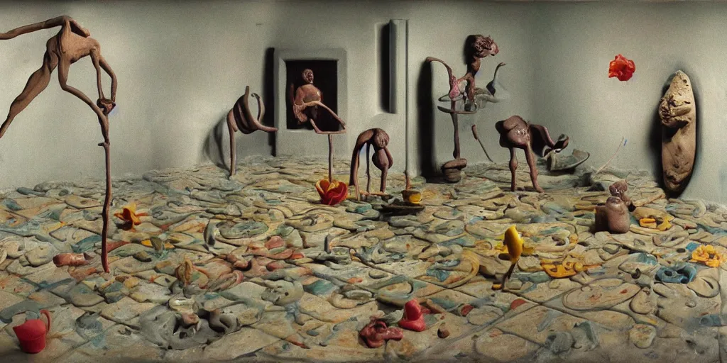 Image similar to plasticine sculpture stop motion. salvador dali clay models. gallery paintings of flowers. [ water on floor ] visitors. room with a small hole in wall. john craxton. high detail. photorealistic