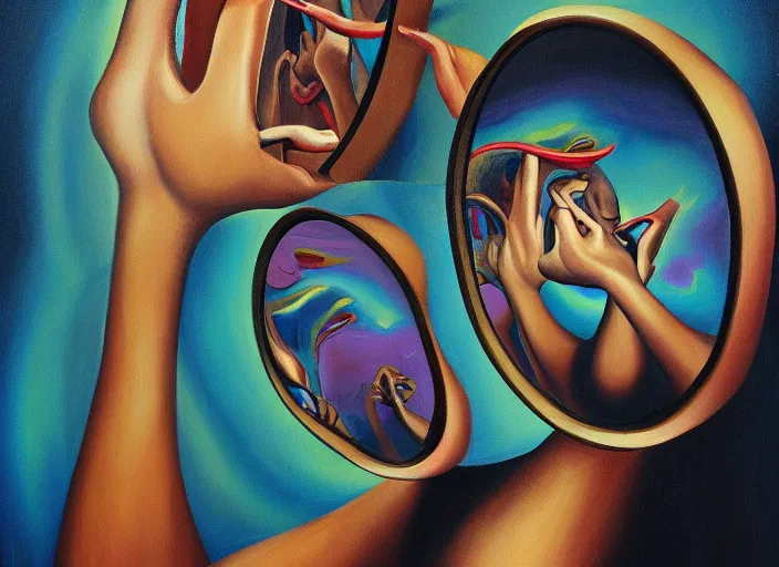Image similar to a painting of a person looking in a mirror, a surrealist painting by Taro Okamoto, behance contest winner, pop surrealism, surrealist, cosmic horror, biomorphic
