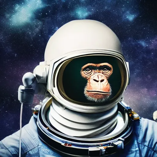 Image similar to double exposure portrait split in the middle of a astronaut and one chimpanzee in a suit posing with space in the background, pencil art, double, dynamic lighting stars, sharpness, golden ratio