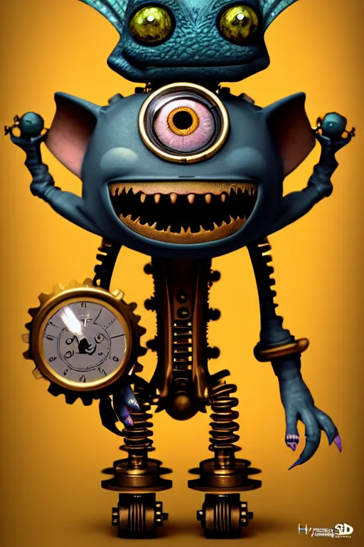 Prompt: a tiny cute steampunk gremlin monster with cogs screws big eyes smiling waving, back view, isometric 3 d, ultra hd, character design by mark ryden pixar hayao miyazaki, unreal 5, daz, hyperrealistic, octane render, cosplay, rpg portrait, dynamic lighting, intricate detail, summer vibrancy, cinematic, centered