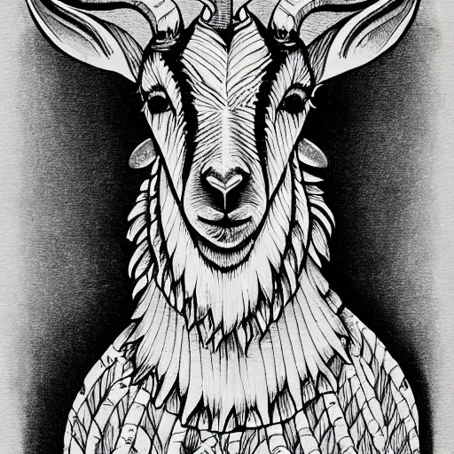 Image similar to a masterpiece illustration of a hellish goat for a tattoo