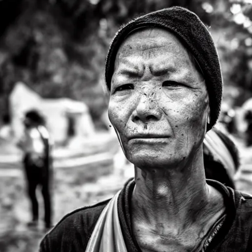 Prompt: hunnic protester face photo black and white wide angle lense