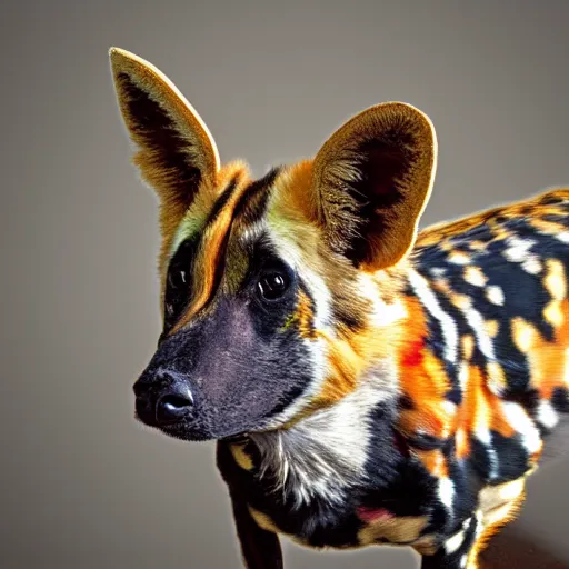 Prompt: A photo of the world's greatest sheriff: an african painted dog dressed in a hat!