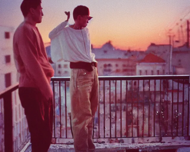 Image similar to lomo photo of pair standing on small hrushevka balcony full with cigarette smoke in small russian town looking at sunset, cinestill, bokeh