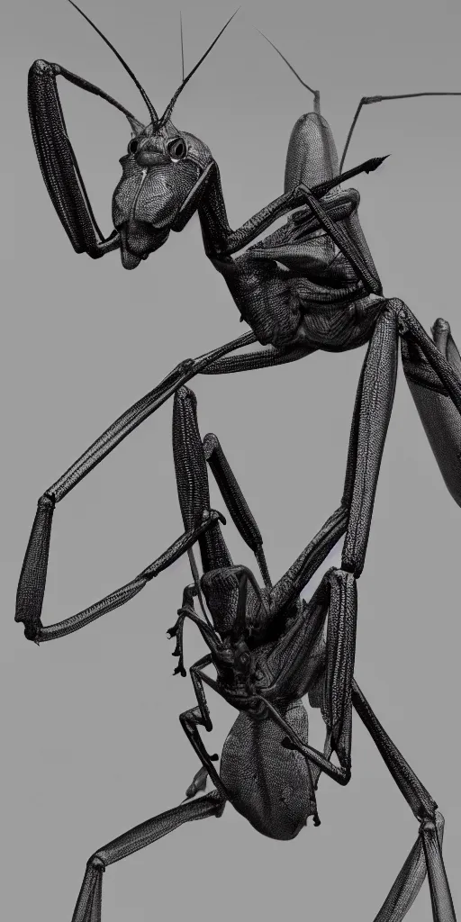 Image similar to a photorealistic render of a praying mantis made of melted plastic on a black background, greyscale, made of melted plastic and marble, c 4 d, by zhelong xu and ernst haeckel, wide angle, hyper realistic, plain black background, 8 k, volumetric lightning, octane render