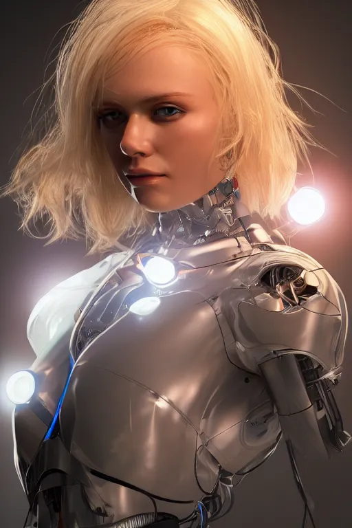 Image similar to a beautiful woman with blonde hair wearing robot suit with wires and light, highly detailed, photorealistic, artstation, smooth