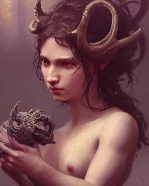 Prompt: satyr, very detailed, beautiful, intricate, cinematic, artstation, william bouguereau, daniel gerhartz, greg rutkowski, rossdraws, octane render