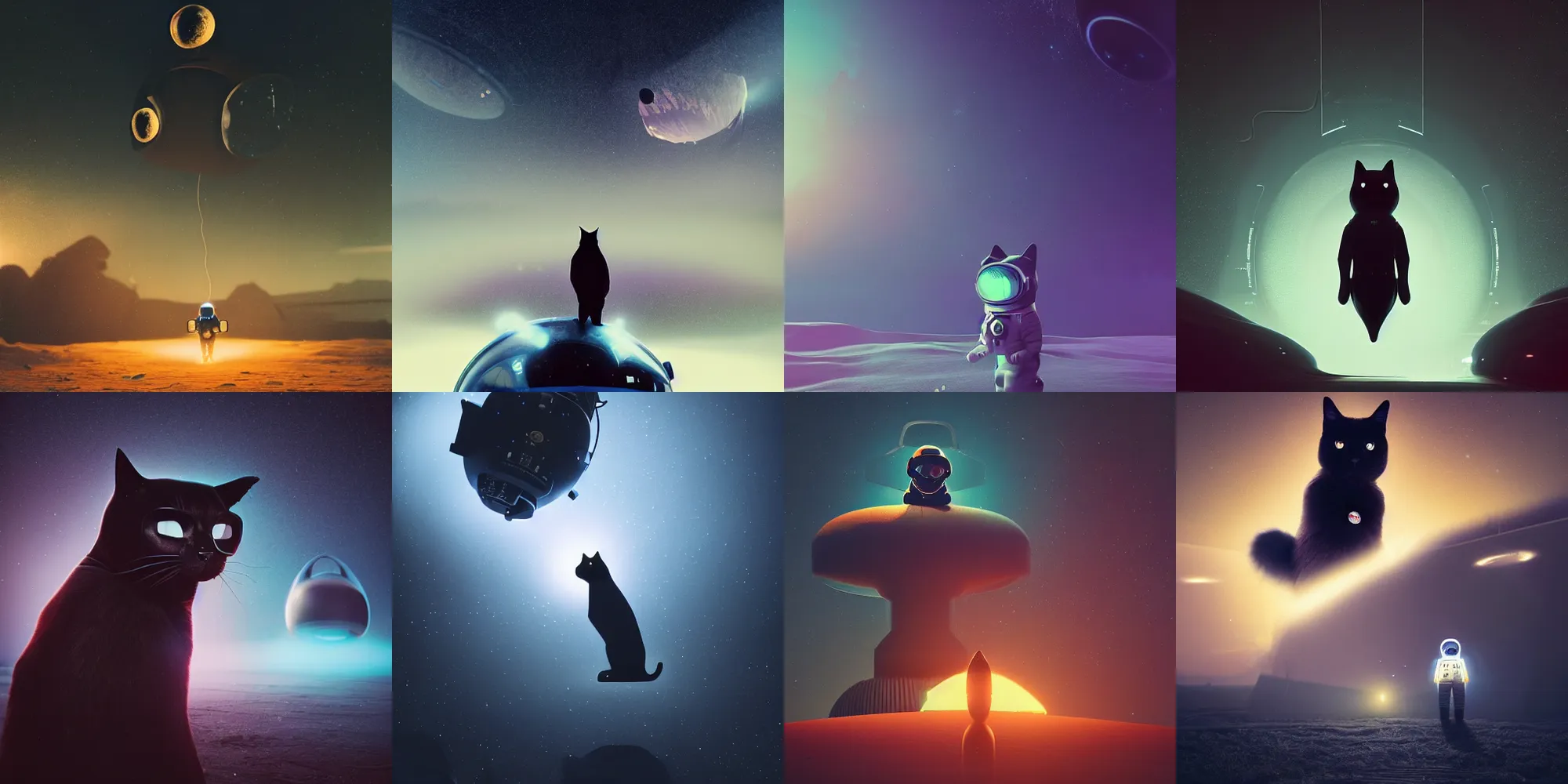 Image similar to beautiful dark landscape, a black cat dressed as an astronaut, in the style of beeple and Mike Winkelmann, intricate, epic lighting, cinematic composition, hyper realistic, 8k resolution,