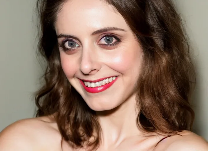 Image similar to a closeup, 4 5 mm, detailed photograph of a woman looking at camera with a seductive smile, alison brie, beautiful low light, 4 5 mm, by franz lanting
