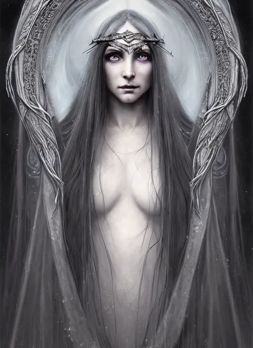 Image similar to immortal majestic elven sorceress wearing a cloak, long beautiful strands of pale white hair, engraving, concept art, elden ring, illustration, smooth, sharp focus, by gustave dore and greg rutkowski, hyper realistic face, piercing beautiful eyes, fantasy art, in the style of midjourney, intricate, alphonse mucha, hyper detailed