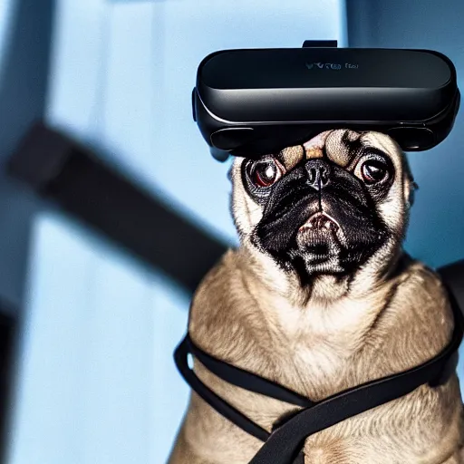 Image similar to film still medium shot a pug wearing a oculus quest vr headset, leica sl 2 5 0 mm, vivid color, high quality, high textured, real life